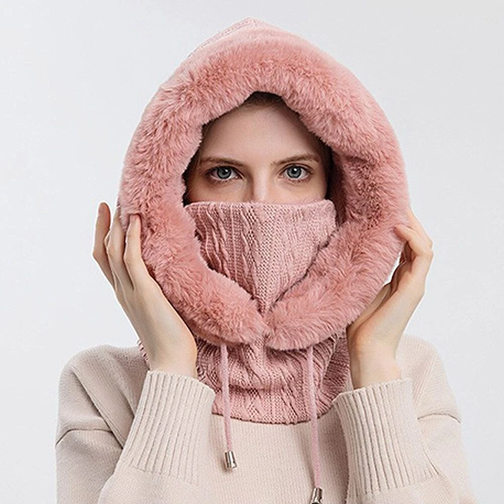women Ski Hat With Scarf Neck Warmer Fleece Lined Hood Adults Face Mask