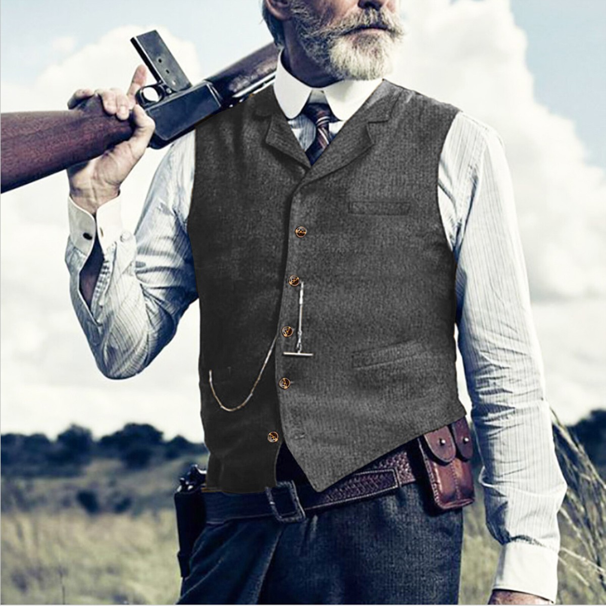 Brown Mens Hunting Waistcoats Vintage Tweed Vests Herringbone