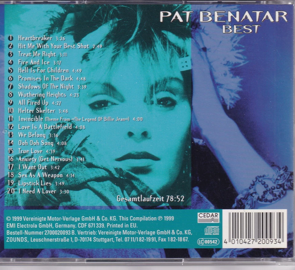 ZOUNDS - PAT BENATAR - Sex as a weapon - Best - audiophile CD 1999 dig. rem. - Bild 2 von 2