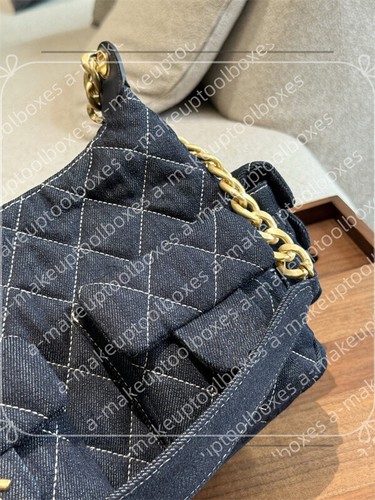 Women's Denim Diamond Lattice Quilted Double Pockets Chains Shoulder Hobo Bag B5 - Picture 4 of 5