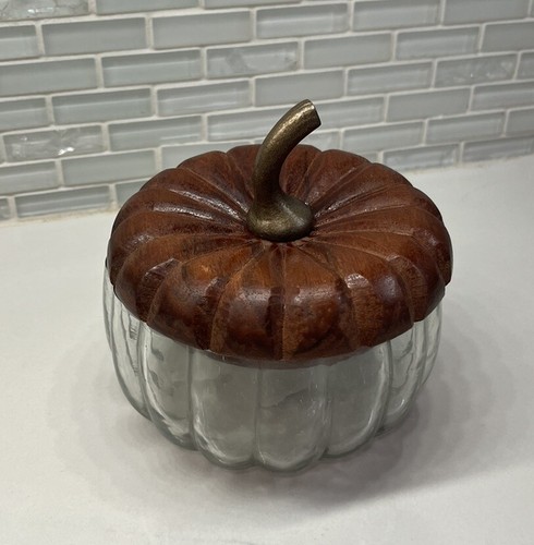 Rare Pottery Barn Glass Pumpkin Mango Wood Lidded Bowl Halloween Thanksgiving
