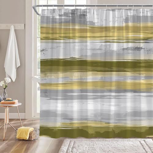 Abstract Gold Gray Shower Curtain Striped Geometric Neutral Aesthetic Waterco... - Picture 2 of 5