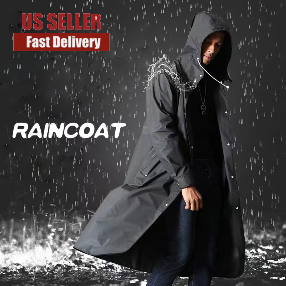 Men Raincoat Black Waterproof Long Rain Coat Hooded Trench Jacket