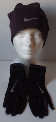 Nike Dri-Fit Beanie and Gloves Running Set Women Port Wine/N Purple/Silver M/L - Picture 2 of 5