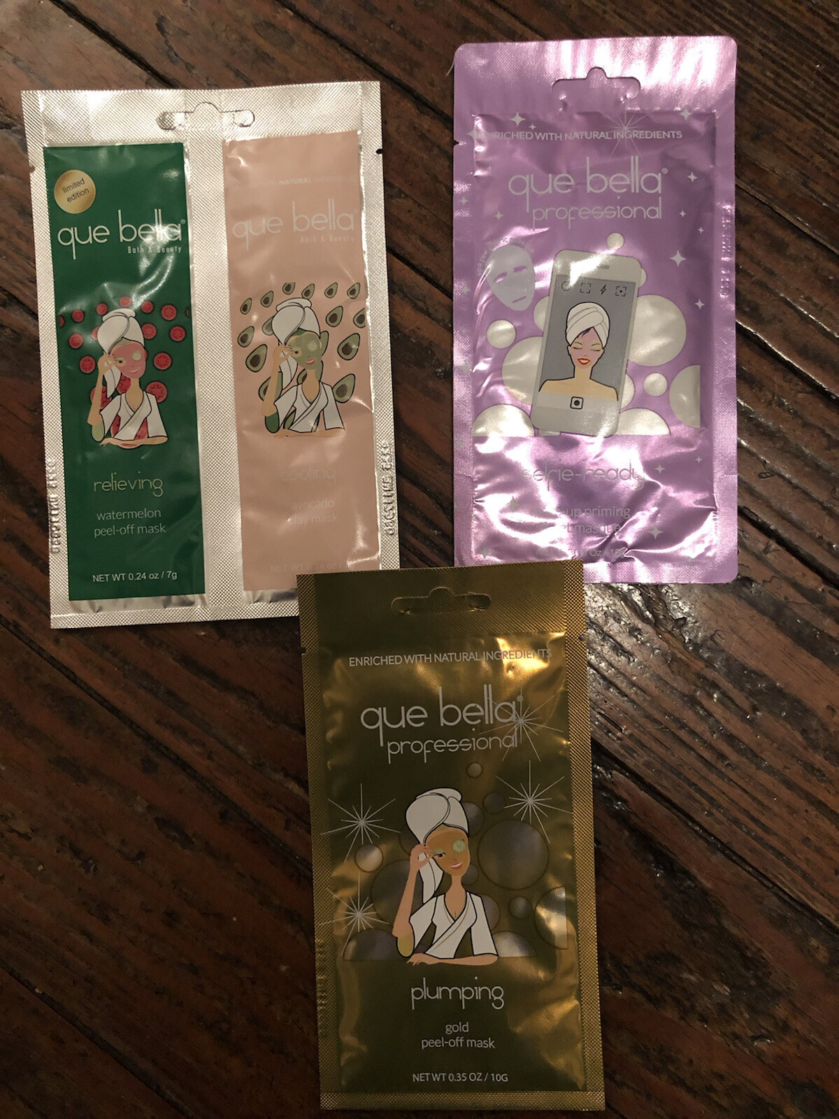 Que Bella Face Masks Lot of 4 Packets Relieving Cooling Plumping Selfie