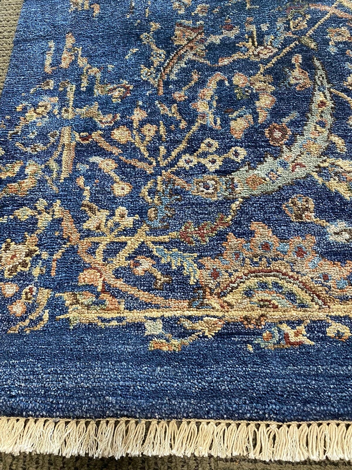 4’ X 6’ Transitional Hand Knotted  Area  Rug Sari Silk Floral Navy Blue/gold A - Image 3 of 4