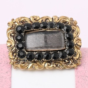 Authentic Antique Early Victorian Mourning Jet Halo Gold Plated Glass Locket Brooch Pin