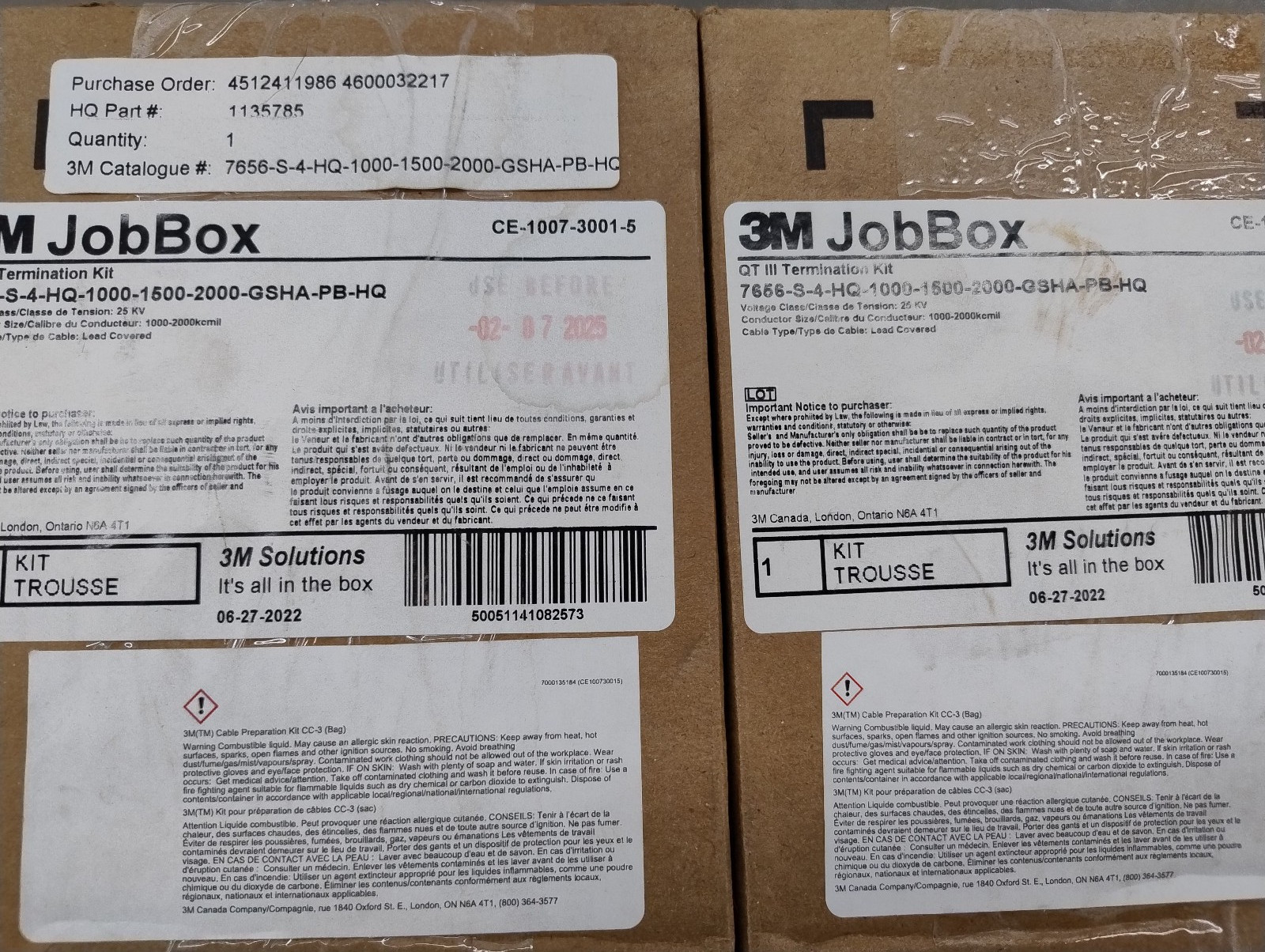 LOT of 2 – 3M 7656 QT-III Cold Shrink Termination Kit 25/28kV lead covered cable