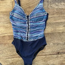 Profile by Gottex Swimsuit One Piece 12 Blue Cinched Ruffle Beach Pool Resort