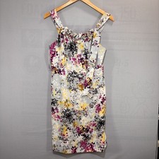 Ann Taylor Loft Floral Print Sleeveless Dress Ruffle Neckline Pink-Gray, Size 4