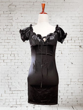 Fashion Nova Silky Black Mini Dress Gathered front SearSucker Back Size Large