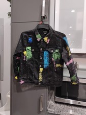 ENCRYPTED BLACK BLUE JEAN JACKET PAINT SPLATTER YOUTH L 10-12 