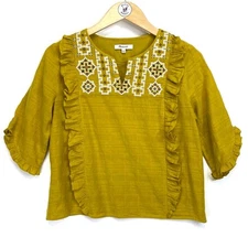 Madewell Embroidered Cassia Ruffle Top Womens Sz S Yellow Boho Summer 3/4 Sleeve