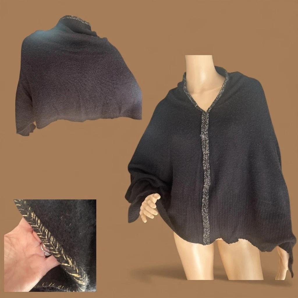Golden Sun 100% Cashmere Black Poncho Shawl Wrap One Size Vacay Ready