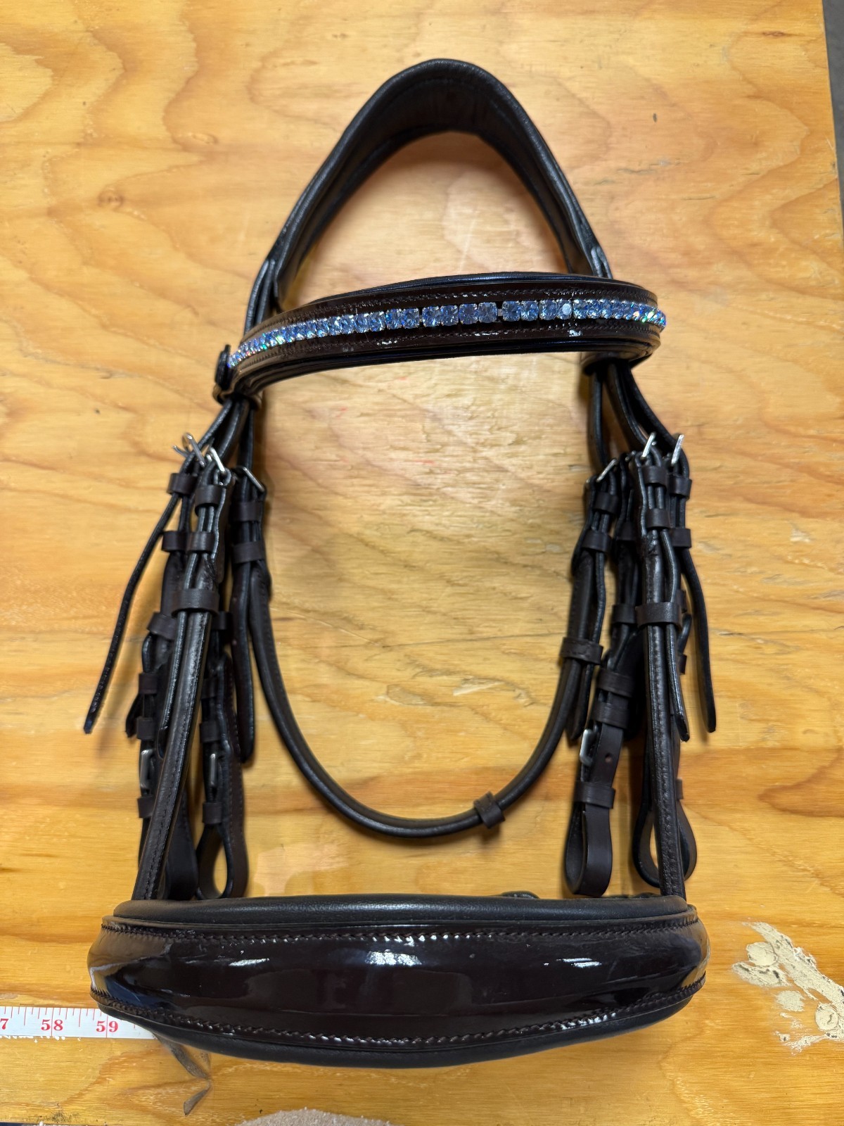 Halter Ego Brown Patent Leather Double Bridle with Blue Crystals. Size Cob.