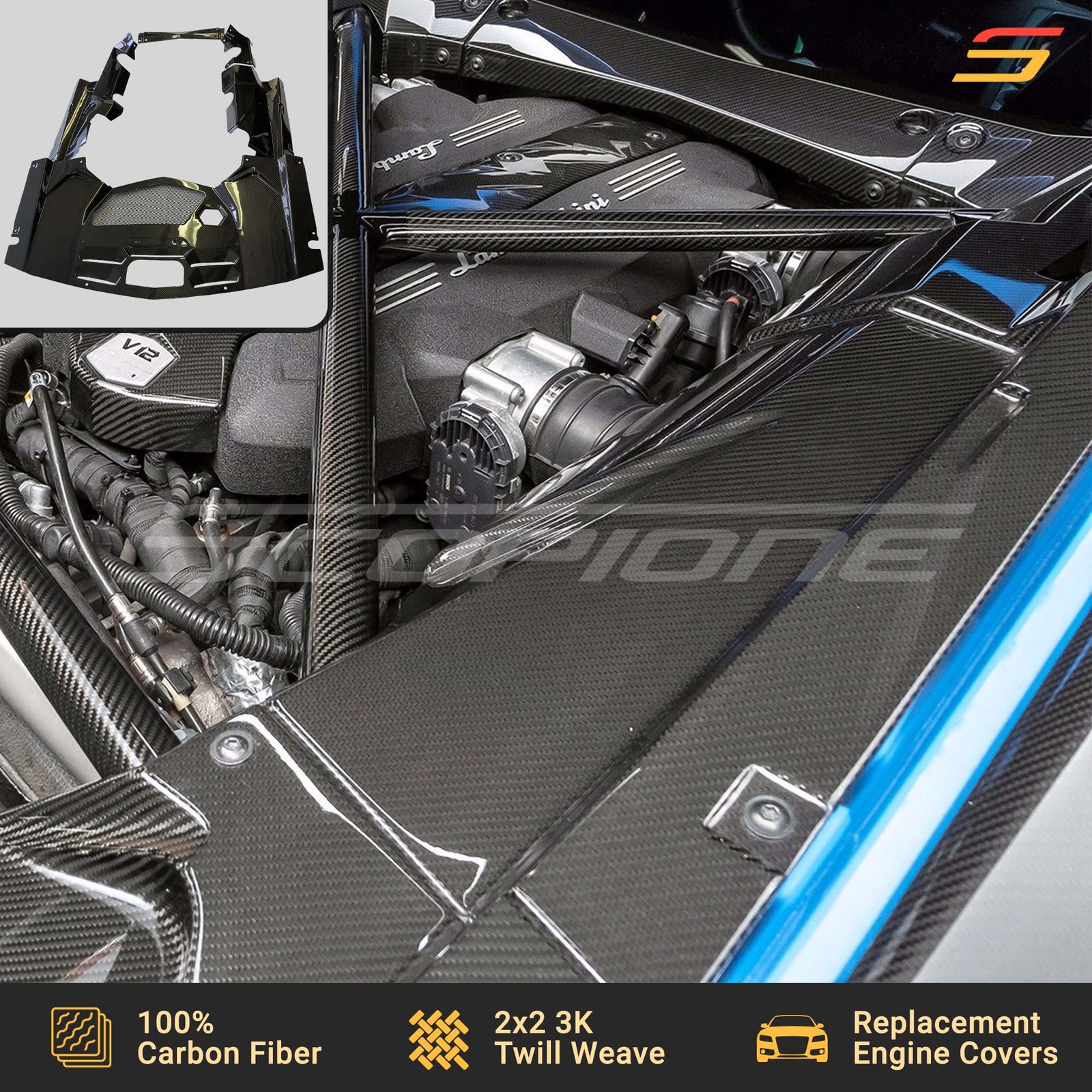 Scopione Carbon Fiber Engine Bay Covers Trim Kit for Lamborghini Aventador Coupe