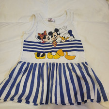 Vintage 80sDisney Wear Girls 2T Striped Dress Mickey Minnie Donald Blue Sleeve