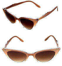 Womens small Cat Eye Vintage Sunglasses Brown Bronze Clear Frame Rhinestones 50s