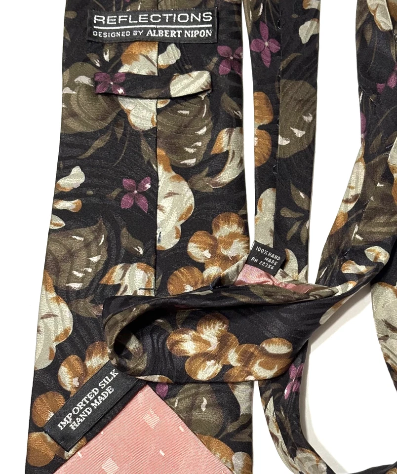 Галстук Reflections Designed By Albert Nipon Импортный Шелк Ручной Работы Винтажный Цветочный - Изображение 3 из 4