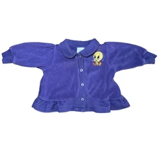 Vintage 90s Baby Looney Tunes Purple Tweety Bird Embroidered Terry Cardigan 9M