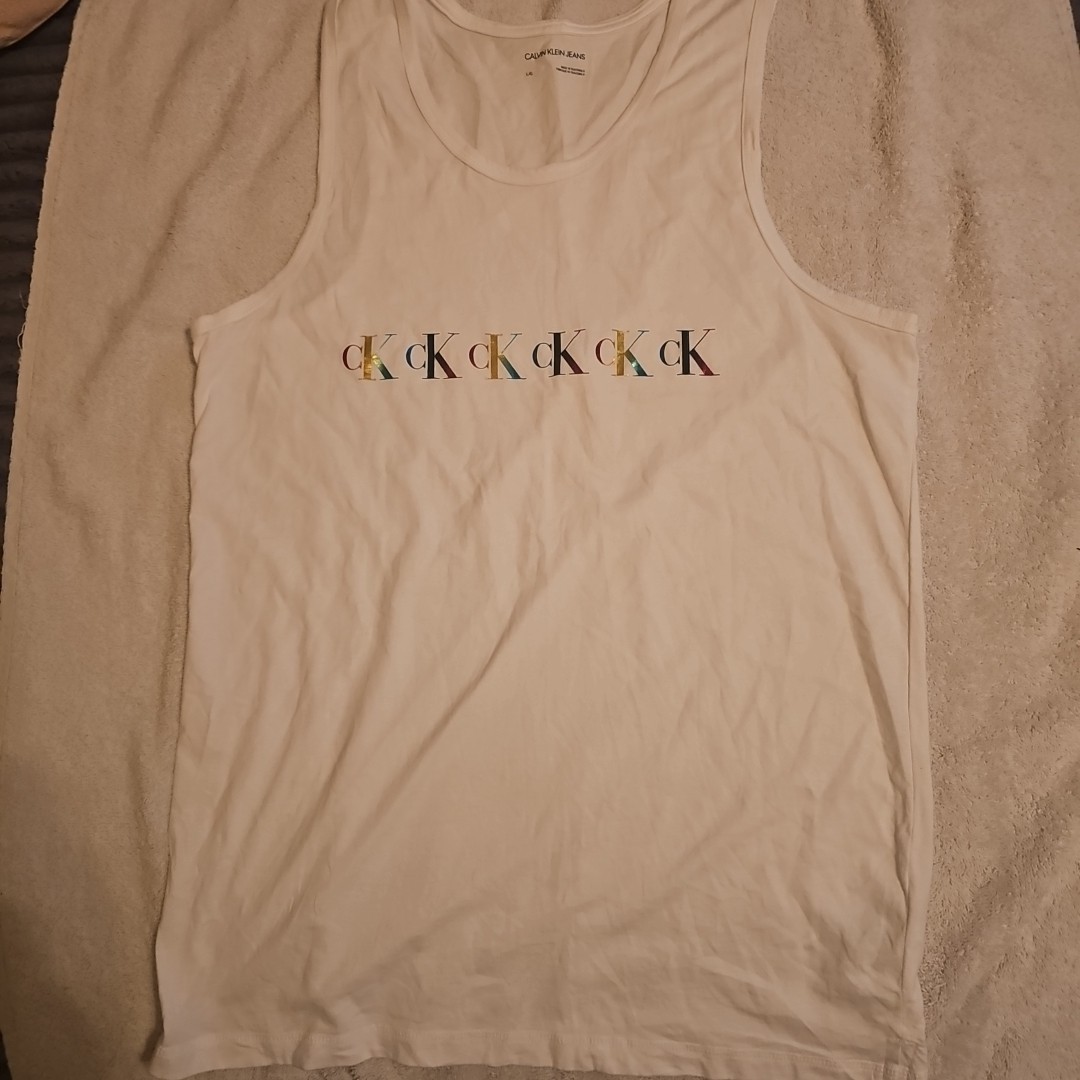 Calvin Klein Jeans Men's Tank Top Shirt CK Multi-Color Designer Logo White Large