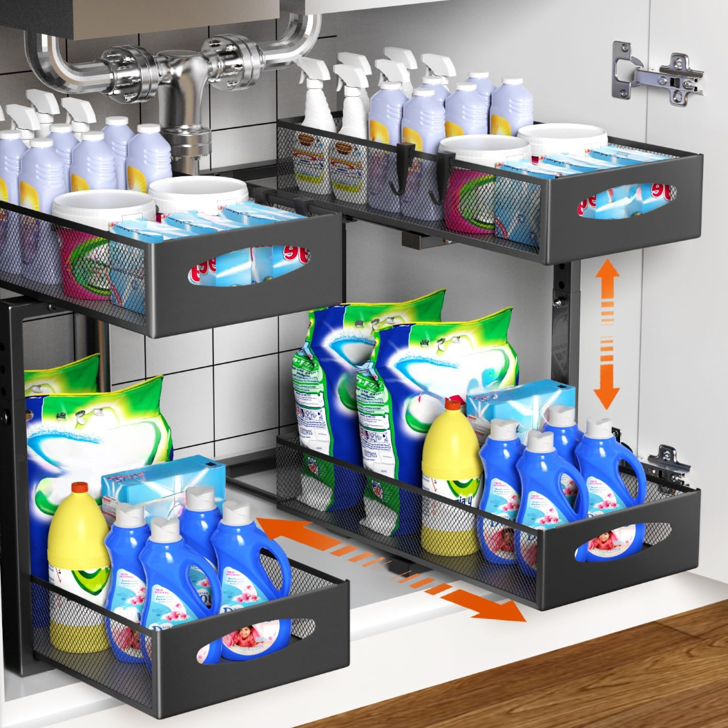 2 Pack Under Sink Organizer Adjustable 2 Tier Slide Out Cabinet Storage
