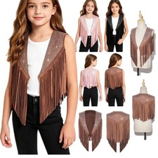 US Girls Wild West Cowgirl vest Tassels Sparkly Rhinestones Jacket Costume Party