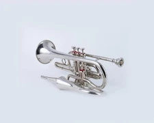 QUEENBRASS Echo Cornet in Bb 4 Valve Chrome Brass with Case and Mouthpiece Band.