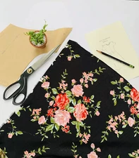 Flower Satin Printed Fabric For Scarf Soft Glossy - Black Fabric With Roses