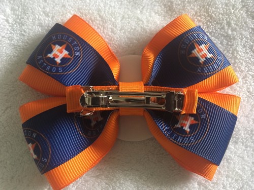 Girls Hair Bow 4" Wide Houston Astros Blue Orange Logo Flatback French Barrette - Picture 2 of 2