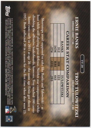 Ernie Banks / Troy Tulowitzki 2012 TOPPS SERIES 1 Timeless Talents #TT-20 - Picture 2 of 2
