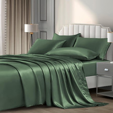 6 Pieces Queen Satin Sheets Luxury Woodland Green Satin Bedding Sheet Set, 1 Dee