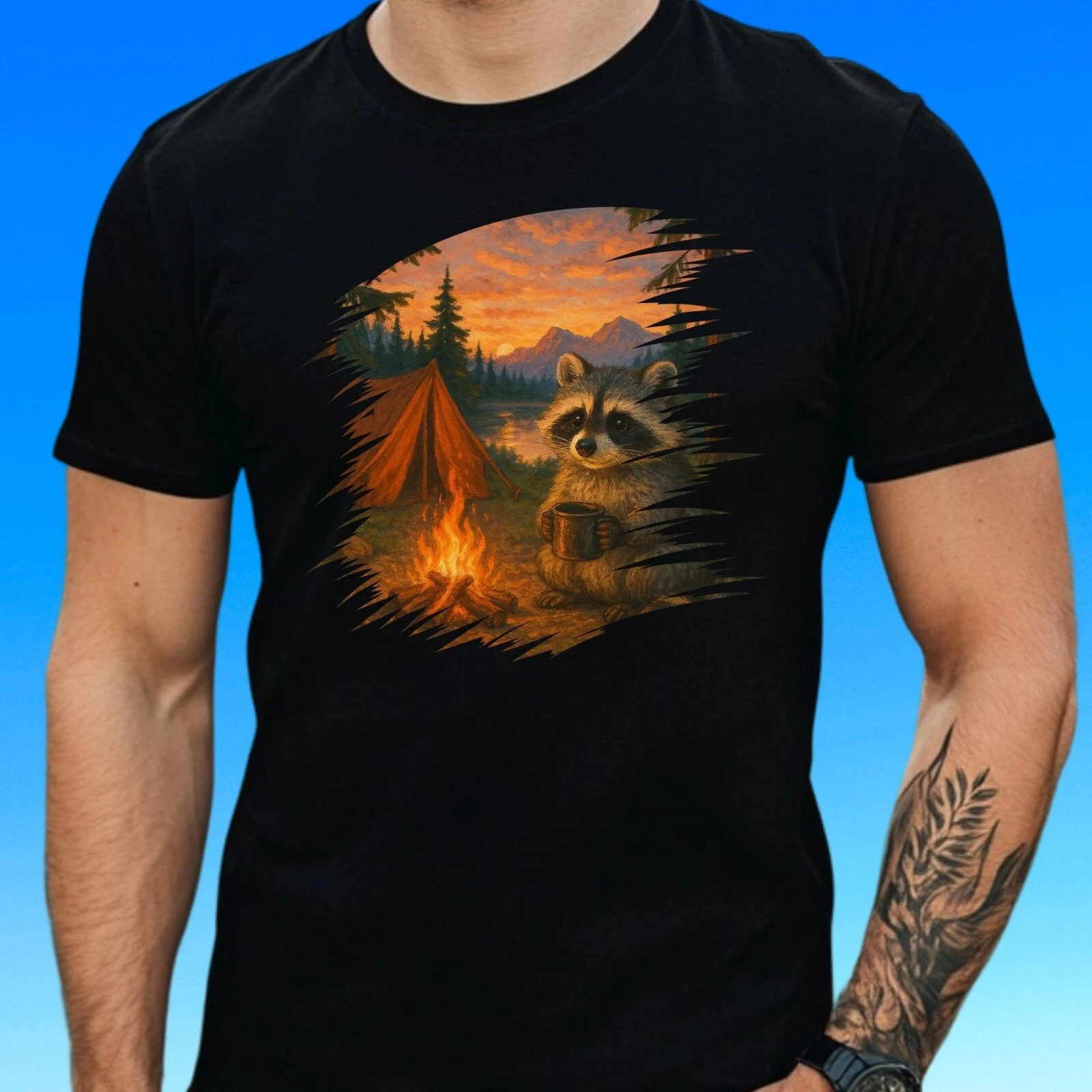 Mens Camping Raccoon Print Cotton T-Shirt Size S to 5XL