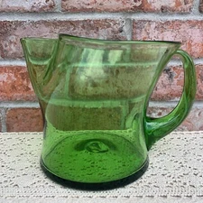 Blenko Art Glass Vintage Green Pitcher Pinched Spout With Applied Handle
