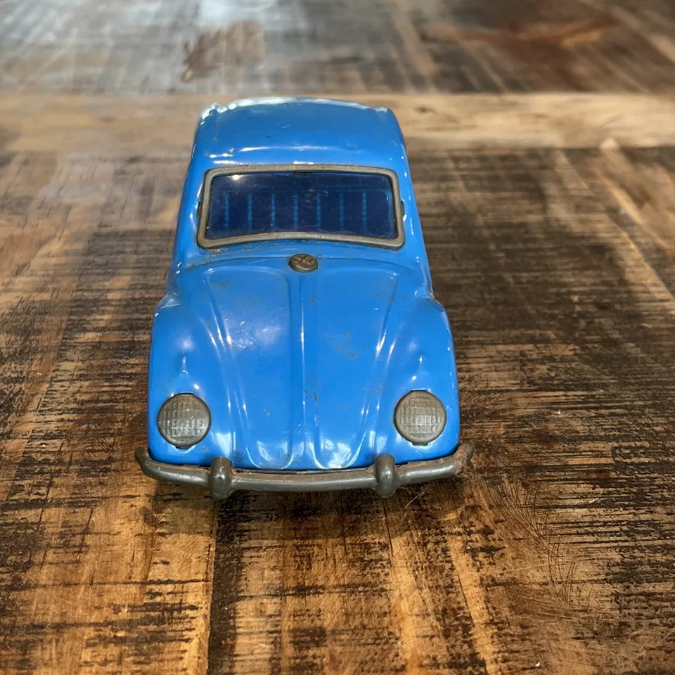 Vintage 60s Japan  friction VOLKSWAGEN BEETLE bug 7” TIN toy car blue VW - Image 2 of 4