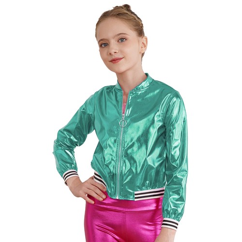 Kids Girls Long Sleeve Outerwear Zipper Closure Striped Edge Bronzing Jacket - Picture 80 of 122