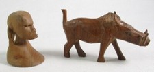 Lot of Two Small Hand Carved Wooden Pieces, African Head/Bust and Wart Hog