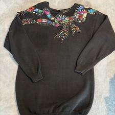 Vintage 90s Beaded Embellished Sequin Bow Black Sweater Tunic Knitted