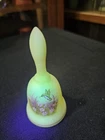 Vintage Fenton Uranium Vaseline Glass Bell Signed Hummingbird D Hart Painted