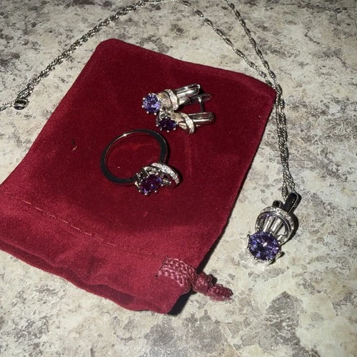 Vintage Sterling Silver Purple Stone Matching Earrings And Necklace And Ring