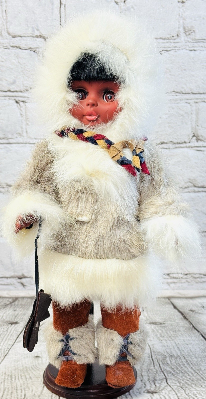 Vintage 11” Inuit Style Doll Faux Fur Hooded Parka Suede Boots Leather Mittens
