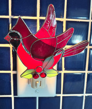 STAINED GLASS METAL PLUG IN NIGHT LIGHTS w/SWITCHES, LOT of 2-BOTH w/CARDINALS