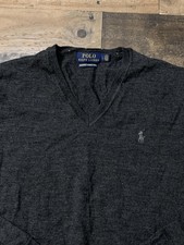 Polo Ralph Lauren Sweater Mens Large Gray Merino Wool V Neck Knit Pullover