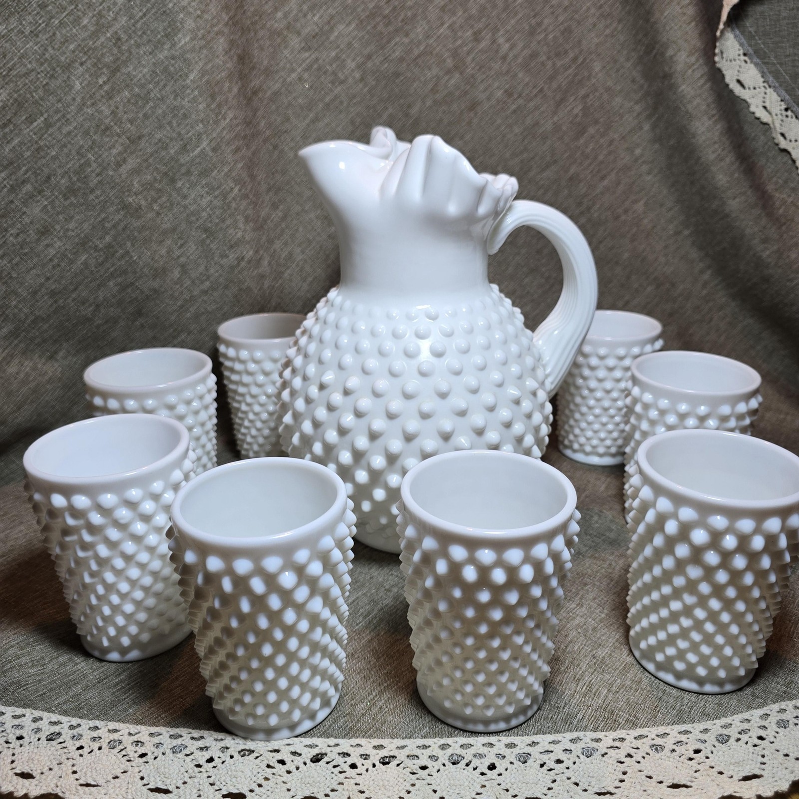 Hobnail Milk Glass Pitcher with 8 Tumblers White Ruffled Rim Water Set Juice