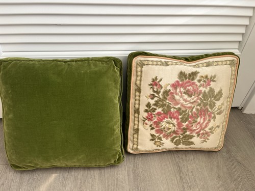 Vintage Velvet Chenille Floral Pillows Green Backing Cottagecore Set Of 2