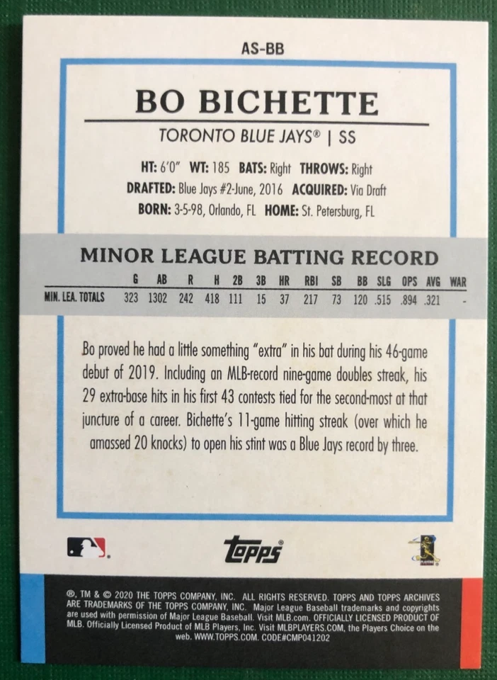 2020 Topps Archives Snapshots Bo Bichette Rookie RC #AS-BB Blue Jays - Image 2 of 2