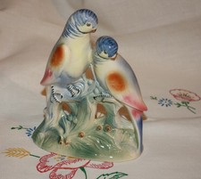 Vintage Spaulding China parakeet figurine, 2 blue & white budgies on tree branch