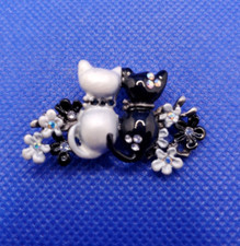 Black and Silver Crystal Cat Brooch Pin Pairs Love Flowers Ying and Yang