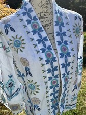 Oriel Cropped Linen Kimono White Floral Embroidered Johnny Was NWT 328.00 XS