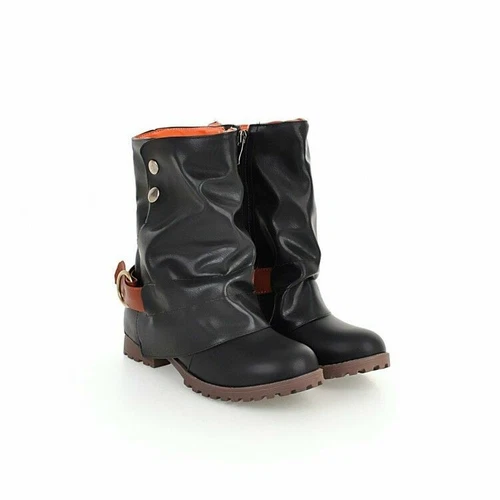 Mujeres Botines Punk Hebilla Tacones Bajos Cremallera Lateral Vaquero Grueso Motocicleta Zapatos - Imagen 5 de 8